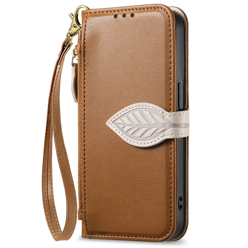 For Nothing Phone (3a) Lite 5G Stand Case Leaf Shape Magnetic Clasp Leather Phone Cover with Hand Strap - Brown