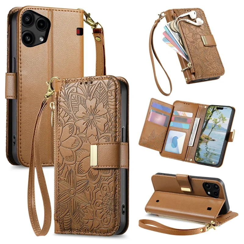For Nothing Phone (3a) Lite 5G Case Floral Leaf Pattern Multi Card Slots Zipper Leather Phone Cover with Wrist Strap - Brown