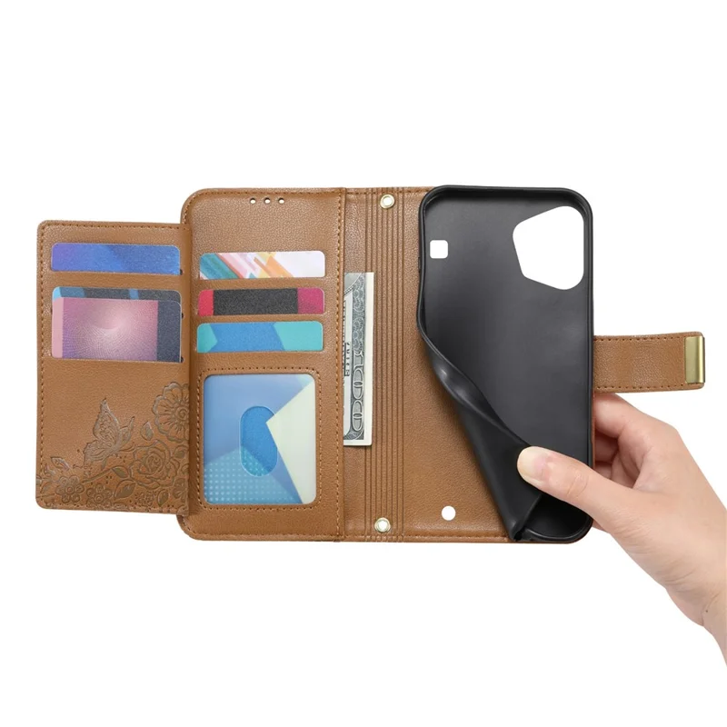 For Nothing Phone (3a) Lite 5G Case Floral Leaf Pattern Multi Card Slots Zipper Leather Phone Cover with Wrist Strap - Brown