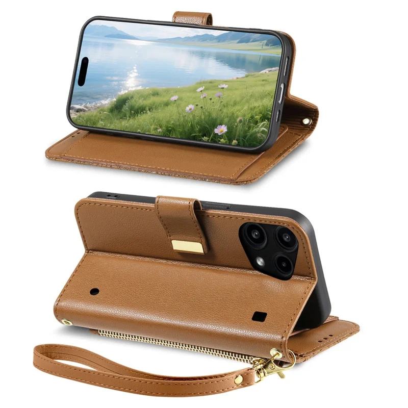 For Nothing Phone (3a) Lite 5G Case Floral Leaf Pattern Multi Card Slots Zipper Leather Phone Cover with Wrist Strap - Brown