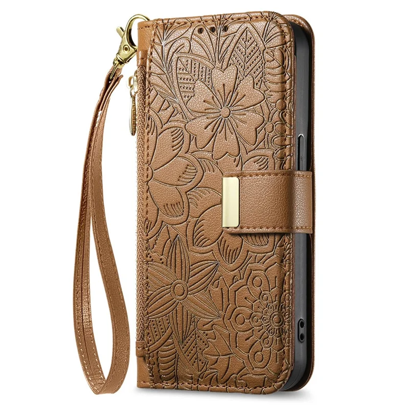 For Nothing Phone (3a) Lite 5G Case Floral Leaf Pattern Multi Card Slots Zipper Leather Phone Cover with Wrist Strap - Brown