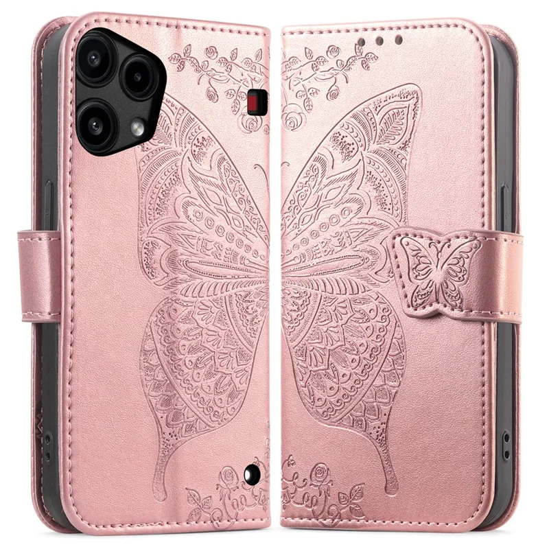 For Nothing Phone (3a) Lite 5G Case with Strap Butterfly Pattern PU Leather Wallet Phone Cover - Rose Gold