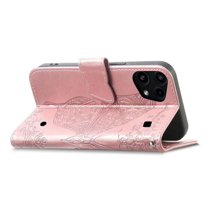 For Nothing Phone (3a) Lite 5G Case with Strap Butterfly Pattern PU Leather Wallet Phone Cover - Rose Gold