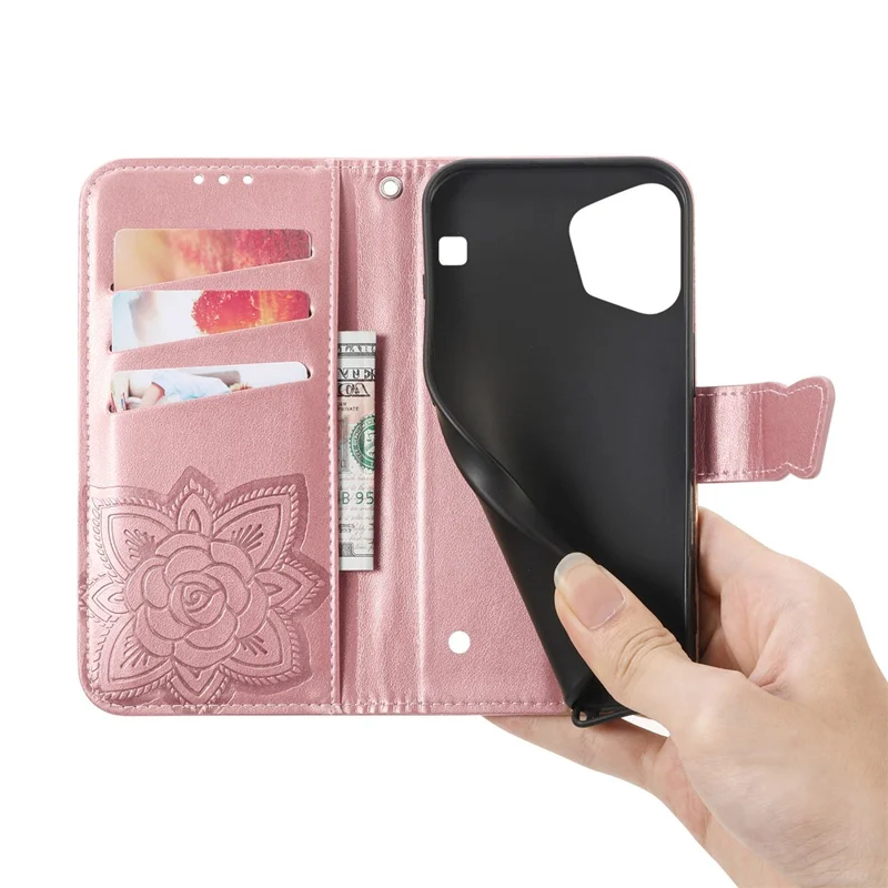 For Nothing Phone (3a) Lite 5G Case with Strap Butterfly Pattern PU Leather Wallet Phone Cover - Rose Gold