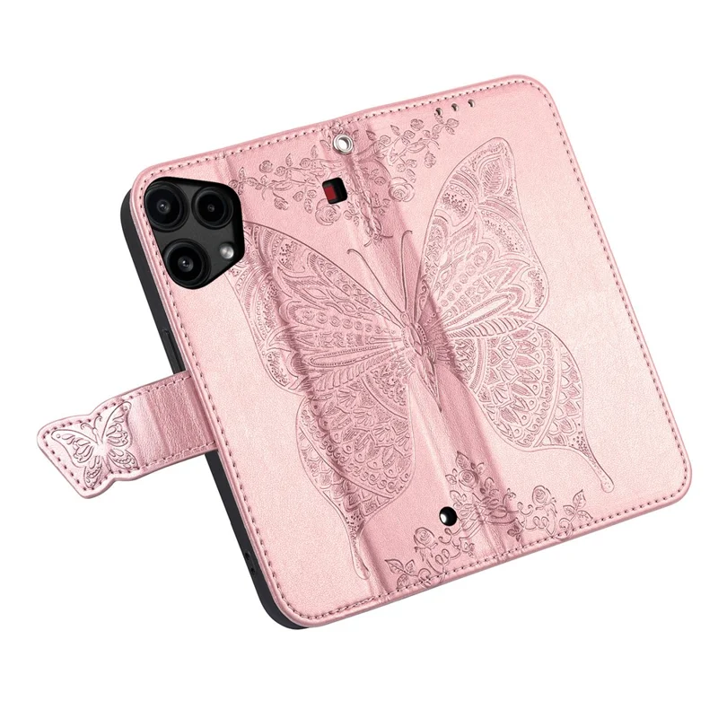 For Nothing Phone (3a) Lite 5G Case with Strap Butterfly Pattern PU Leather Wallet Phone Cover - Rose Gold