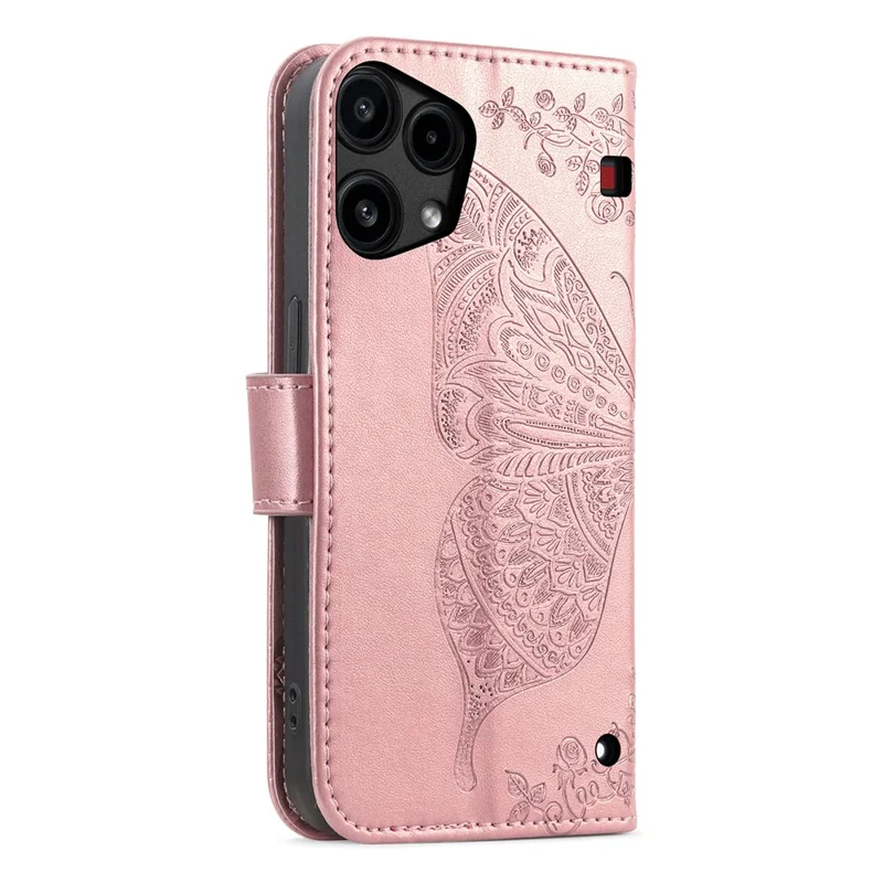For Nothing Phone (3a) Lite 5G Case with Strap Butterfly Pattern PU Leather Wallet Phone Cover - Rose Gold