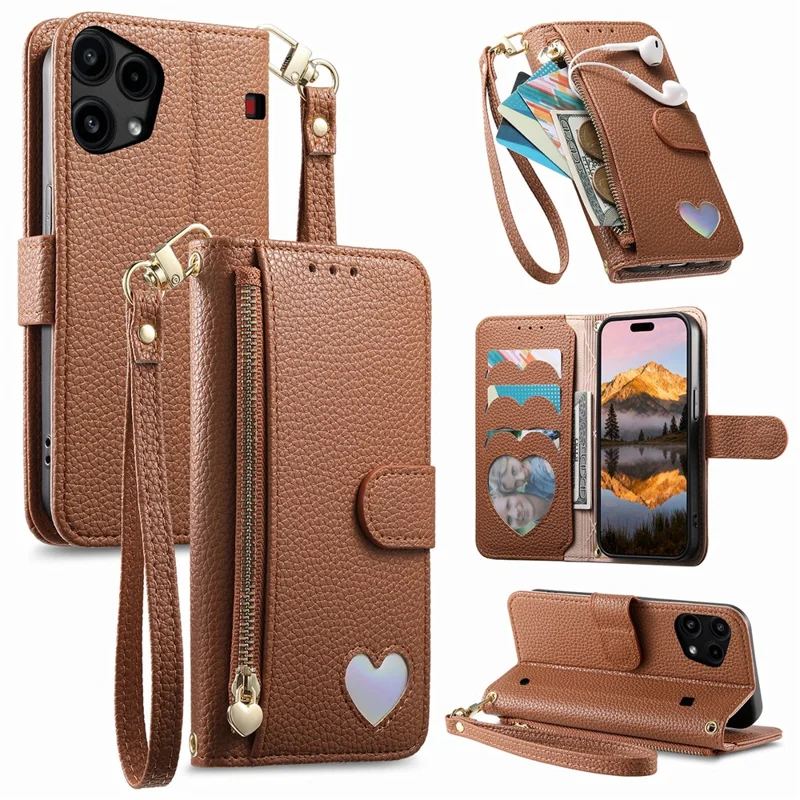 For Nothing Phone (3a) Lite 5G Case Zipper Pocket TPU PU Leather Wallet Phone Cover with Strap - Brown