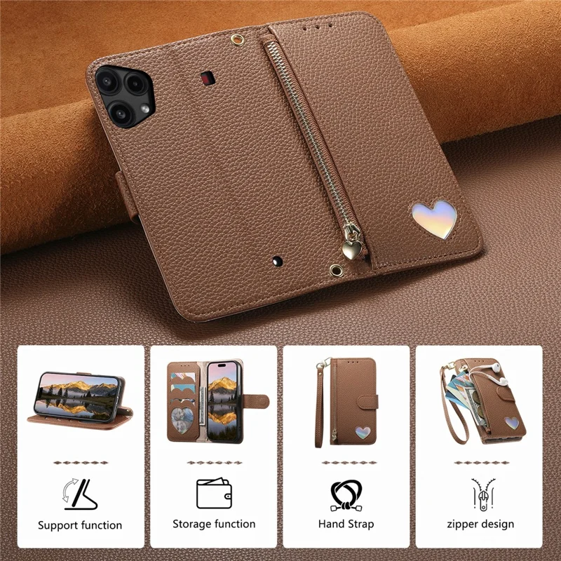 For Nothing Phone (3a) Lite 5G Case Zipper Pocket TPU PU Leather Wallet Phone Cover with Strap - Brown