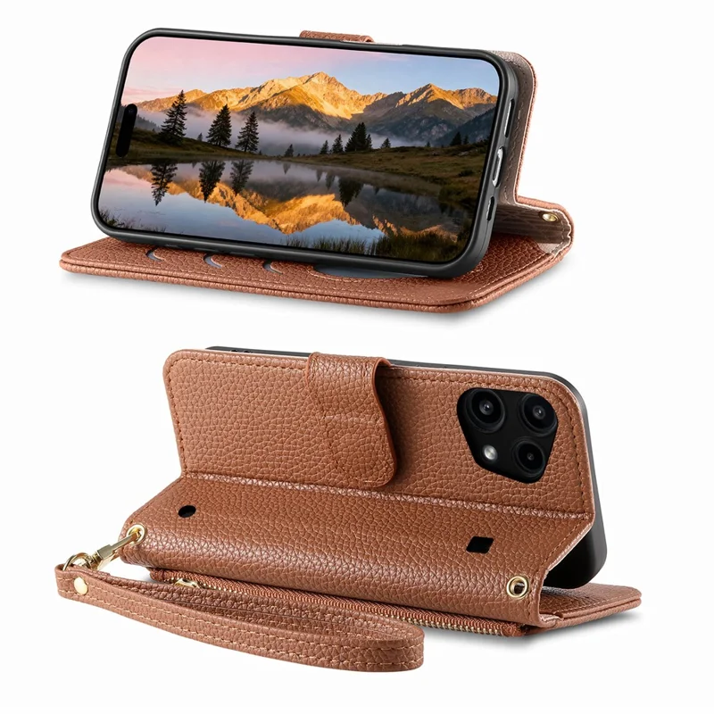 For Nothing Phone (3a) Lite 5G Case Zipper Pocket TPU PU Leather Wallet Phone Cover with Strap - Brown