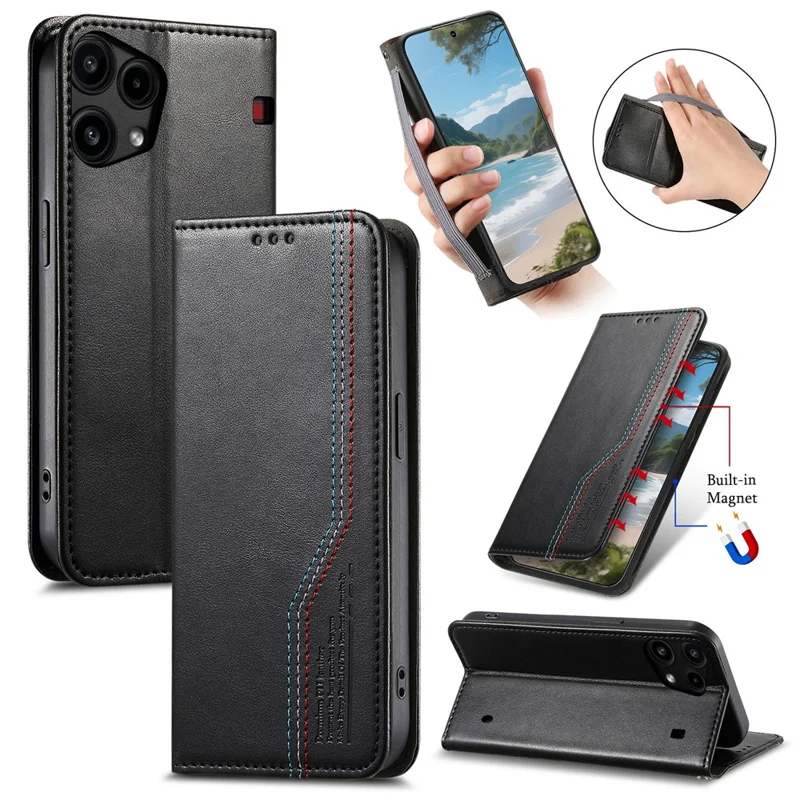For Nothing Phone (3a) Lite 5G Case Wallet Tri-Color Stitching Leather Phone Cover with Elastic Wristband - Black