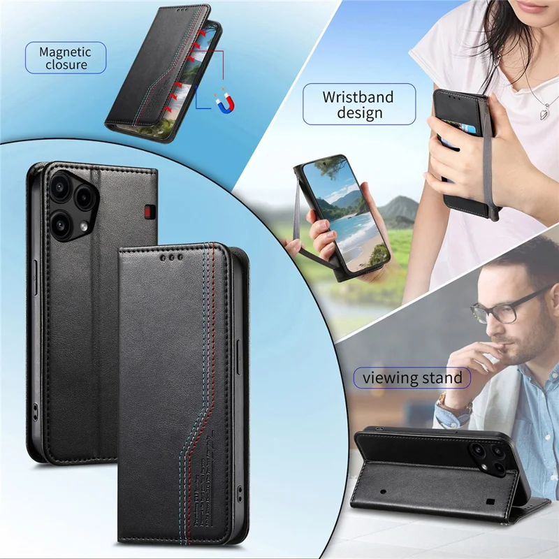 For Nothing Phone (3a) Lite 5G Case Wallet Tri-Color Stitching Leather Phone Cover with Elastic Wristband - Black
