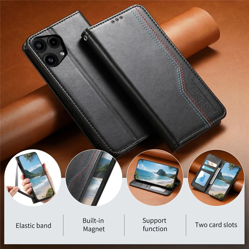 For Nothing Phone (3a) Lite 5G Case Wallet Tri-Color Stitching Leather Phone Cover with Elastic Wristband - Black