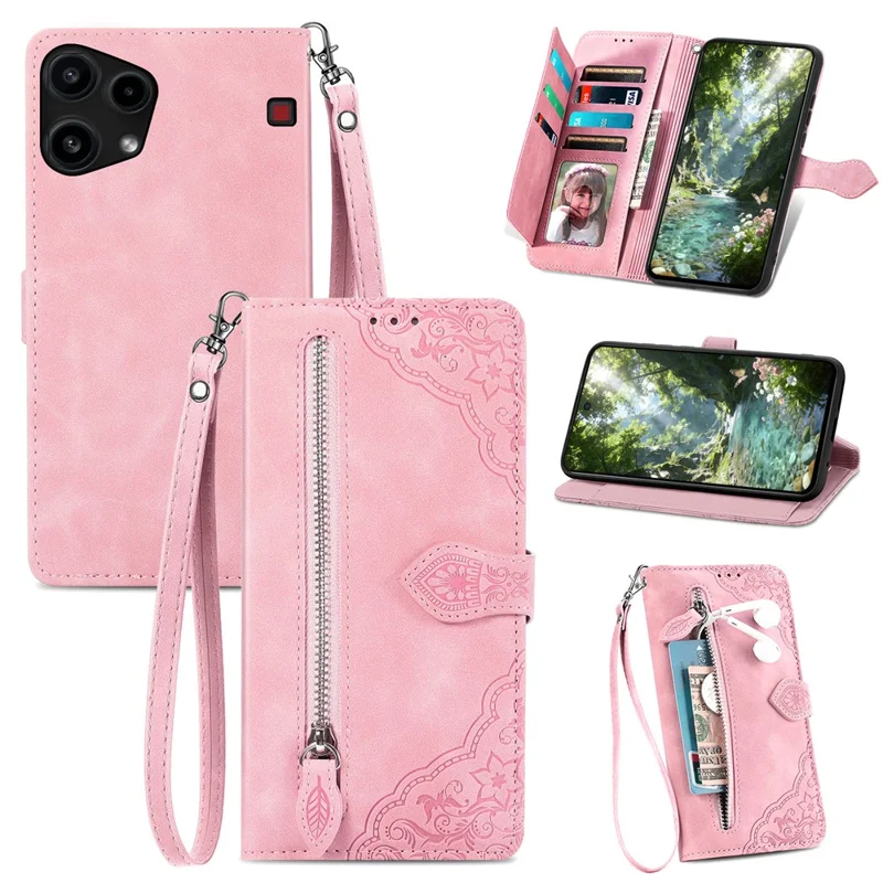 For Nothing Phone (3a) Lite 5G Zipper Wallet Case with Strap Flower Imprint PU Leather Phone Cover - Pink