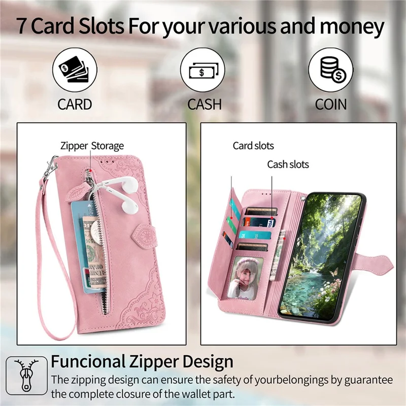 For Nothing Phone (3a) Lite 5G Zipper Wallet Case with Strap Flower Imprint PU Leather Phone Cover - Pink