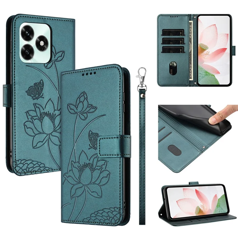 Bulk Purchasing for Honor X5c Plus 4G / X5c 4G Wallet Case Lotus Embossed Leather Flip Cover with Wrist Strap - Dark Green