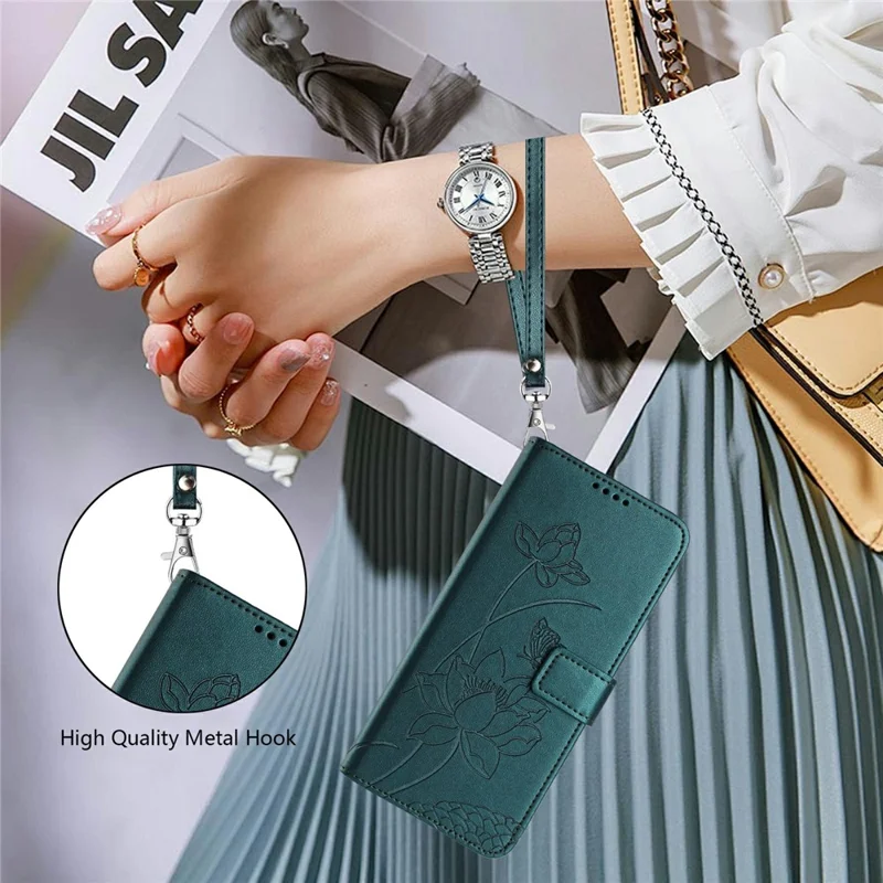 Bulk Purchasing for Honor X5c Plus 4G / X5c 4G Wallet Case Lotus Embossed Leather Flip Cover with Wrist Strap - Dark Green