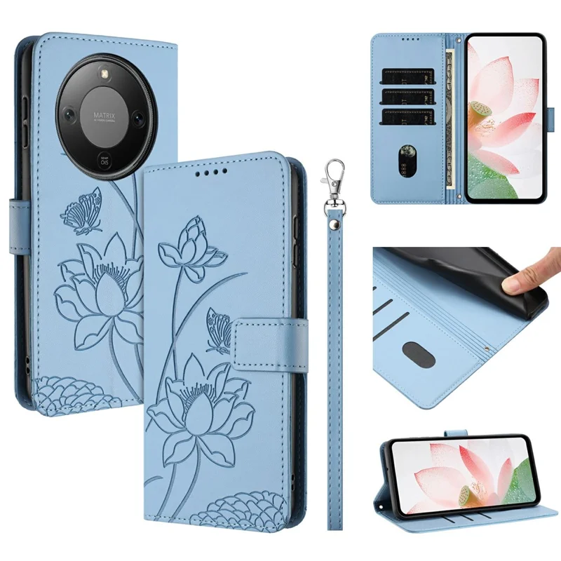 Bulk Purchasing Wallet Case for Honor Magic8 Lite 5G / X9d 5G / X70 5G Lotus Embossed Leather Flip Cover with Wrist Strap - Blue