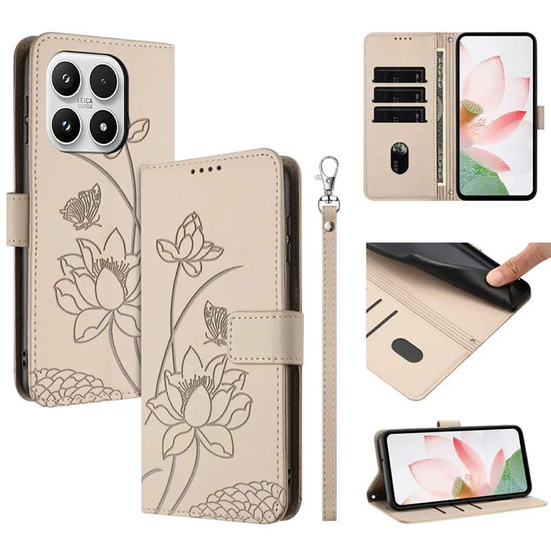 Bulk Purchasing for Xiaomi 17 Wallet Case Lotus Embossed Leather Flip Cover with Wrist Strap - Beige