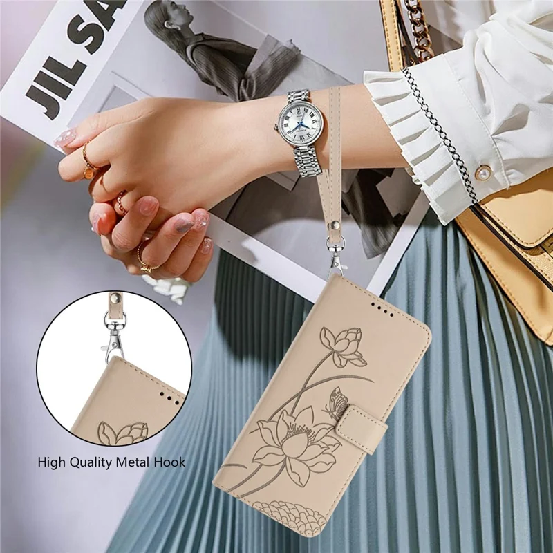 Bulk Purchasing for Xiaomi 17 Wallet Case Lotus Embossed Leather Flip Cover with Wrist Strap - Beige
