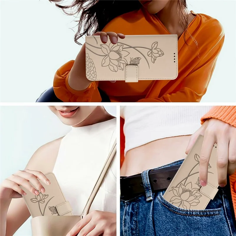 Bulk Purchasing for Xiaomi 17 Wallet Case Lotus Embossed Leather Flip Cover with Wrist Strap - Beige