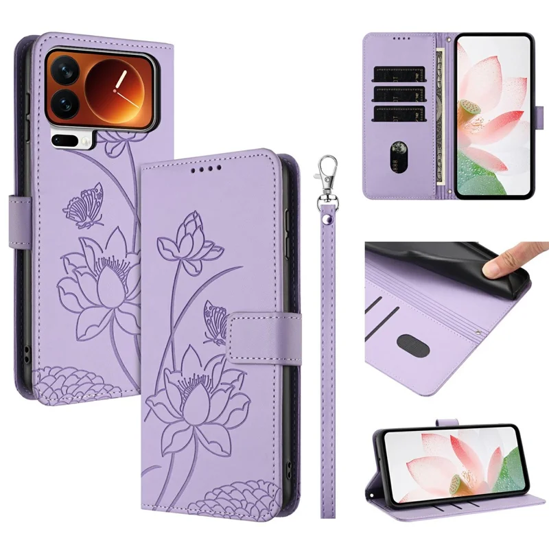 Bulk Purchasing for Xiaomi 17 Pro Max Wallet Case Lotus Embossed Leather Flip Cover with Wrist Strap - Purple