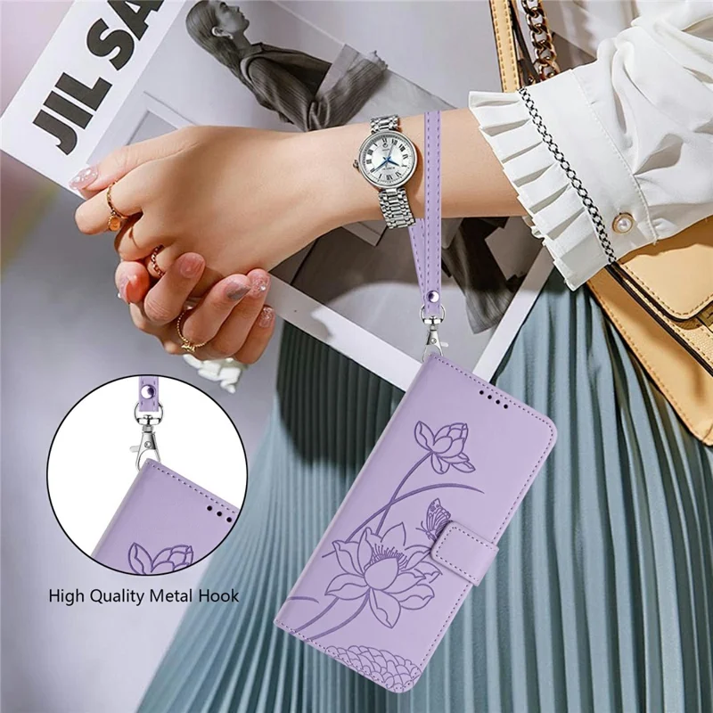 Bulk Purchasing for Xiaomi 17 Pro Max Wallet Case Lotus Embossed Leather Flip Cover with Wrist Strap - Purple