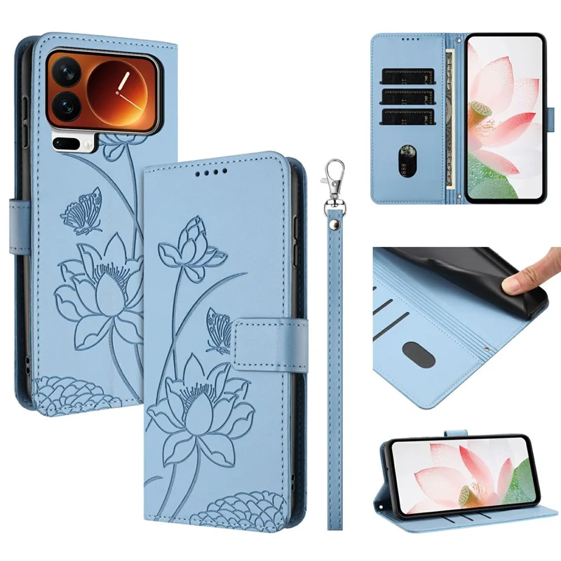 Bulk Purchasing for Xiaomi 17 Pro Wallet Case Lotus Embossed Leather Flip Cover with Wrist Strap - Blue