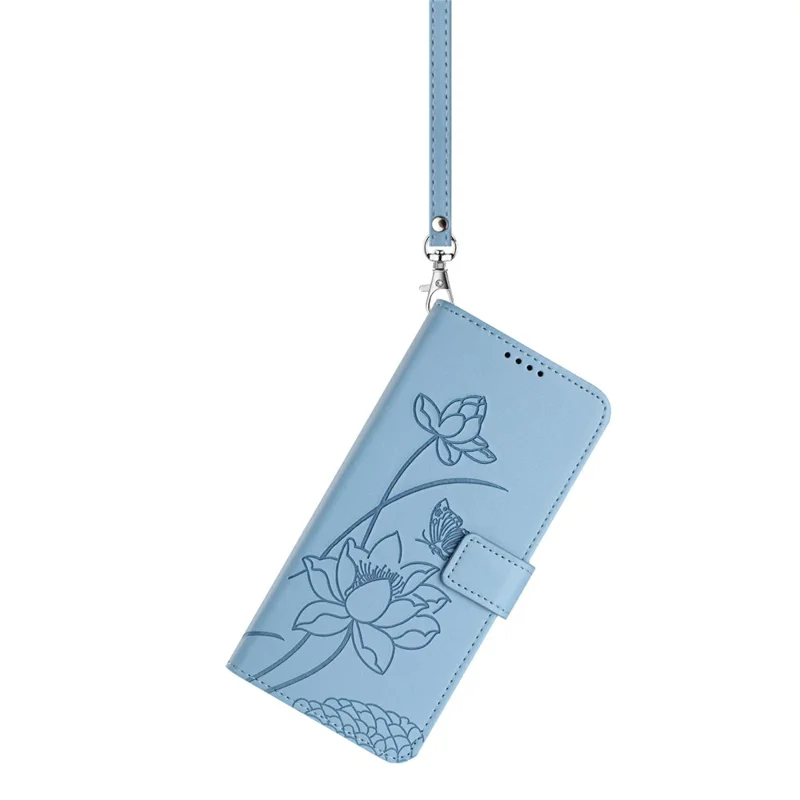 Bulk Purchasing for Xiaomi 17 Pro Wallet Case Lotus Embossed Leather Flip Cover with Wrist Strap - Blue