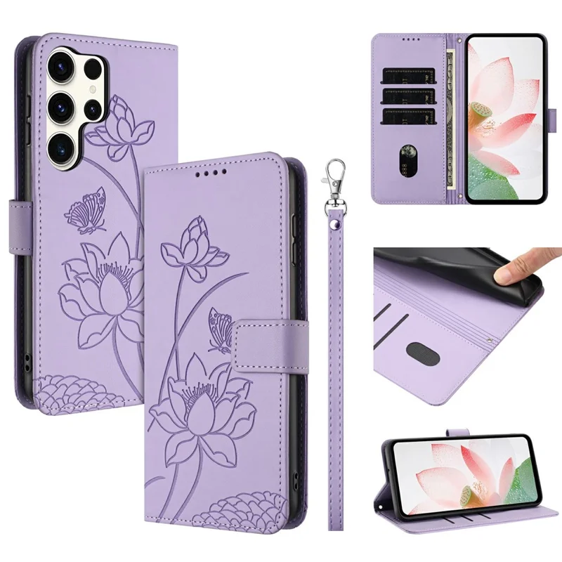 Bulk Purchasing for Samsung Galaxy S25 Ultra Wallet Case Lotus Embossed Leather Flip Cover with Wrist Strap - Purple
