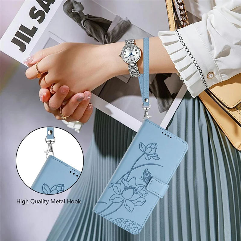 Bulk Purchasing for Samsung Galaxy S25 / S24 Wallet Case Lotus Embossed Leather Flip Cover with Wrist Strap - Blue