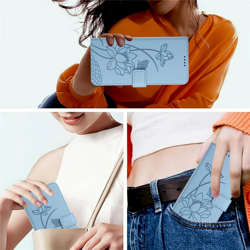 Bulk Purchasing for Samsung Galaxy S25 / S24 Wallet Case Lotus Embossed Leather Flip Cover with Wrist Strap - Blue