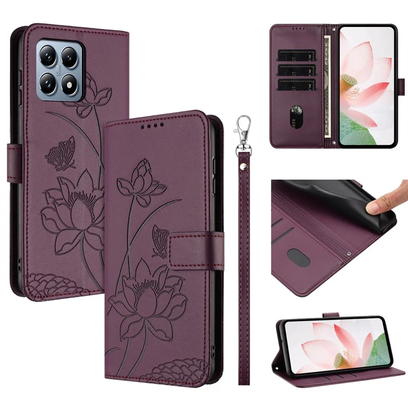 Bulk Purchasing for Xiaomi 15T Wallet Case Lotus Embossed Leather Flip Cover with Wrist Strap - Wine Red