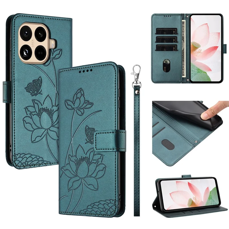 Bulk Purchasing for Xiaomi 15T Pro Wallet Case Lotus Embossed Leather Flip Cover with Wrist Strap - Dark Green