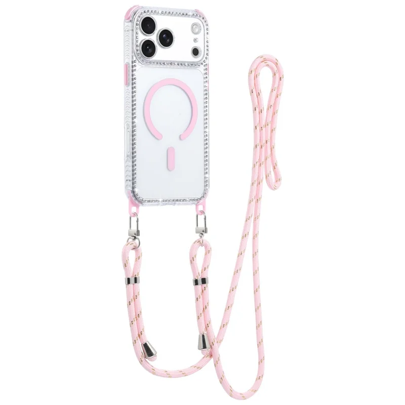 For iPhone 17 Pro Magnetic Case Diamond Edge Design Clear Cover with 70-140cm Adjustable Lanyard Compatible with Magsafe - Pink