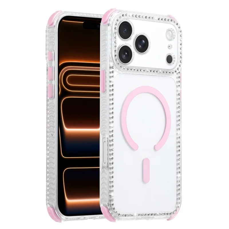 For iPhone 17 Pro Magnetic Case Diamond Edge Design Clear Cover with 70-140cm Adjustable Lanyard Compatible with Magsafe - Pink