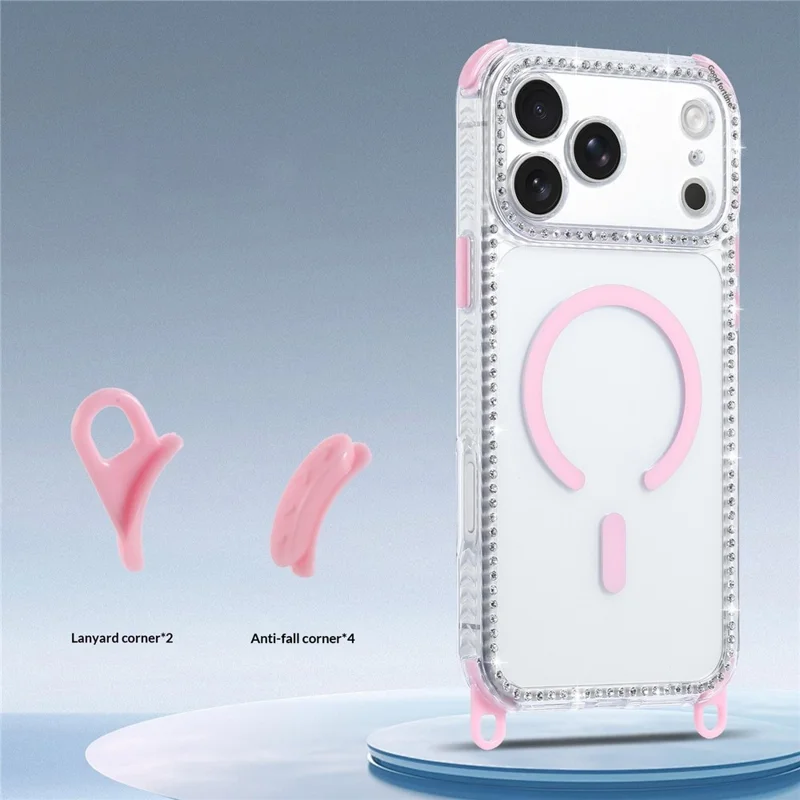 For iPhone 17 Pro Magnetic Case Diamond Edge Design Clear Cover with 70-140cm Adjustable Lanyard Compatible with Magsafe - Pink