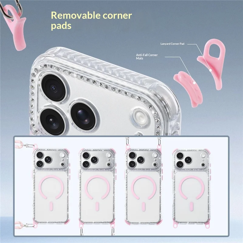 For iPhone 17 Pro Magnetic Case Diamond Edge Design Clear Cover with 70-140cm Adjustable Lanyard Compatible with Magsafe - Pink