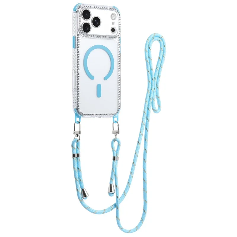 For iPhone 17 Pro Magnetic Case Diamond Edge Design Clear Cover with 70-140cm Adjustable Lanyard Compatible with Magsafe - Blue