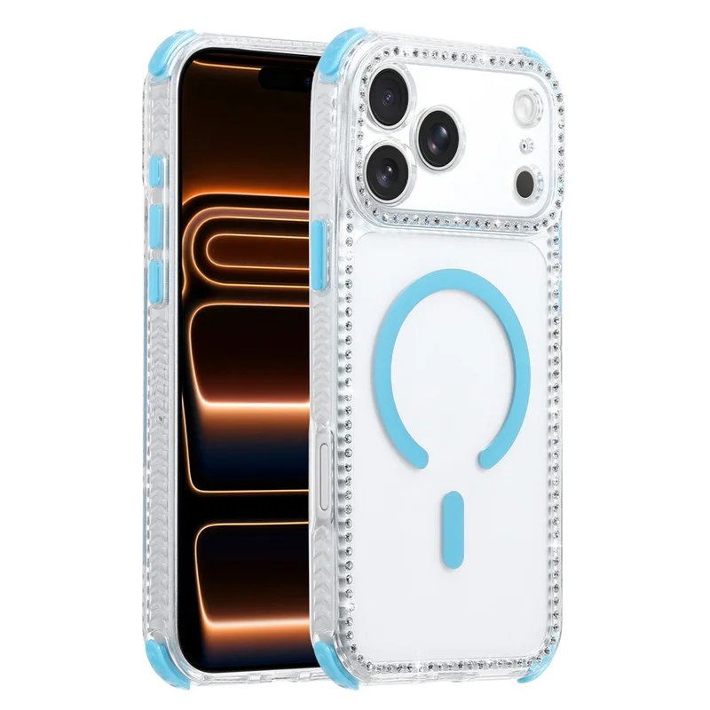 For iPhone 17 Pro Magnetic Case Diamond Edge Design Clear Cover with 70-140cm Adjustable Lanyard Compatible with Magsafe - Blue
