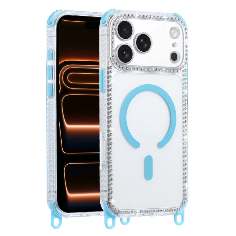 For iPhone 17 Pro Magnetic Case Diamond Edge Design Clear Cover with 70-140cm Adjustable Lanyard Compatible with Magsafe - Blue