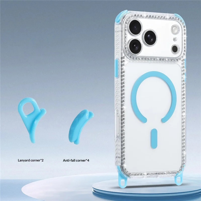 For iPhone 17 Pro Magnetic Case Diamond Edge Design Clear Cover with 70-140cm Adjustable Lanyard Compatible with Magsafe - Blue