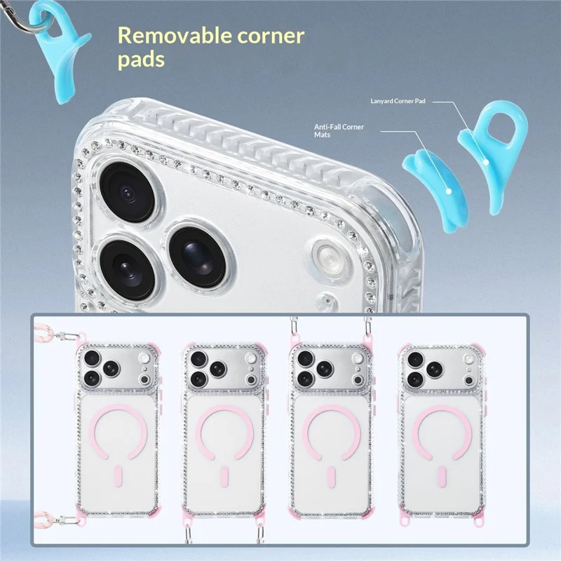 For iPhone 17 Pro Magnetic Case Diamond Edge Design Clear Cover with 70-140cm Adjustable Lanyard Compatible with Magsafe - Blue