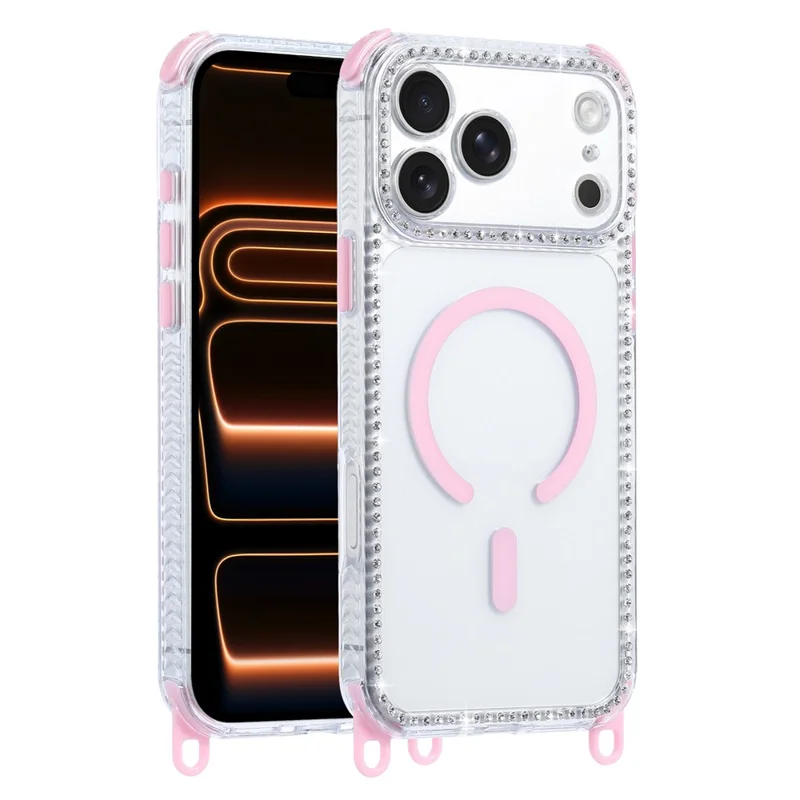 For iPhone 17 Pro Max Magnetic Case Diamond Edge Design Clear Cover with 70-140cm Adjustable Lanyard Compatible with Magsafe - Pink