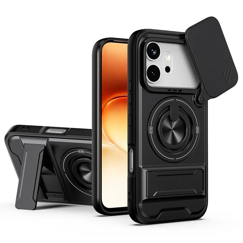 For Honor 600 5G Magnetic Case Ring Holder Foldable Kickstand TPU PC Phone Cover with Camera Lens Slider - Black
