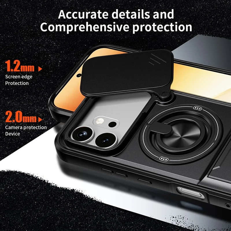 For Honor 600 5G Magnetic Case Ring Holder Foldable Kickstand TPU PC Phone Cover with Camera Lens Slider - Black