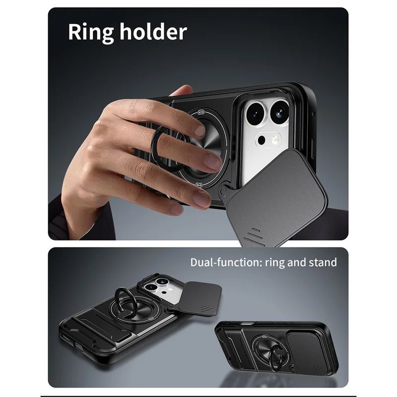 For Honor 600 5G Magnetic Case Ring Holder Foldable Kickstand TPU PC Phone Cover with Camera Lens Slider - Black