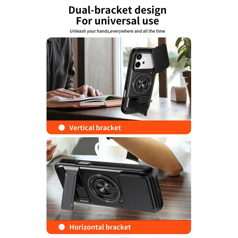 For Honor 600 5G Magnetic Case Ring Holder Foldable Kickstand TPU PC Phone Cover with Camera Lens Slider - Black