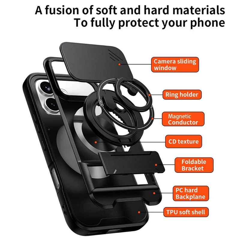For Honor 600 5G Magnetic Case Ring Holder Foldable Kickstand TPU PC Phone Cover with Camera Lens Slider - Black