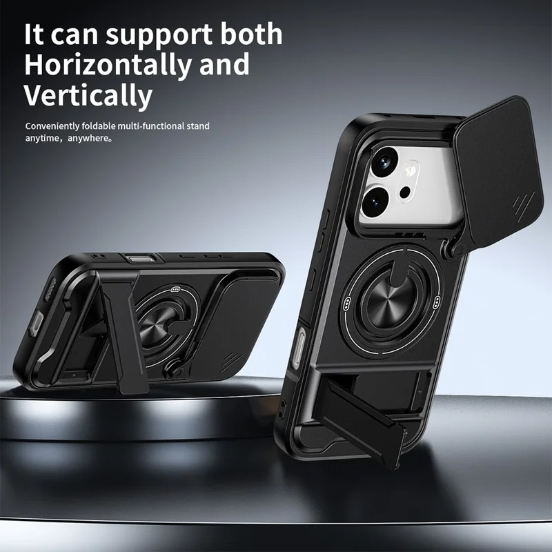 For Honor 600 5G Magnetic Case Ring Holder Foldable Kickstand TPU PC Phone Cover with Camera Lens Slider - Black