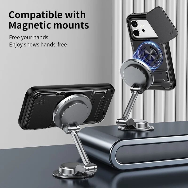 For Honor 600 5G Magnetic Case Ring Holder Foldable Kickstand TPU PC Phone Cover with Camera Lens Slider - Black